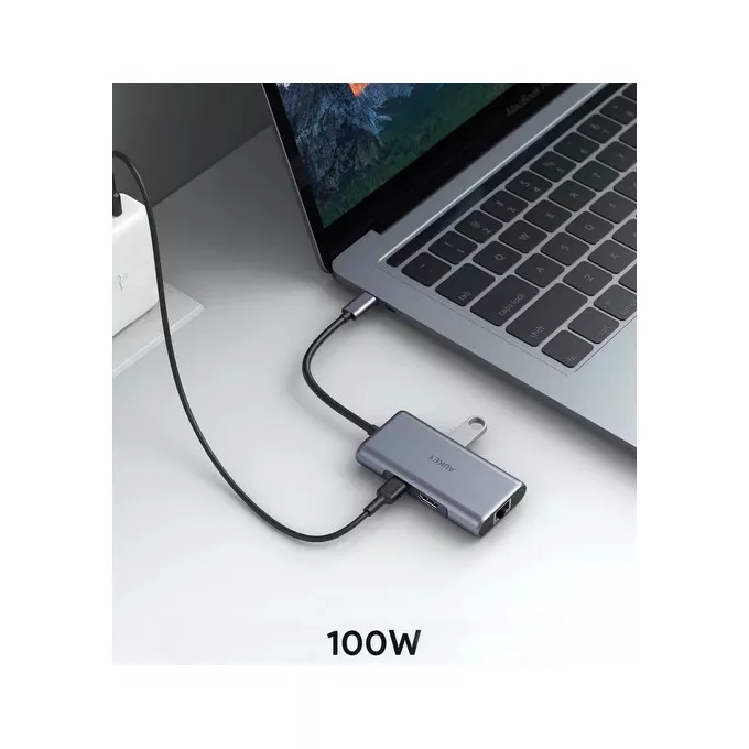 AUKEY CB-C75 aluminiowy Hub USB-C | 6w1 | RJ45 Ethernet 10/100/1000Mbps | 3xUSB 3.1 | HDMI 4k@30Hz | USB-C Power Delivery 100W