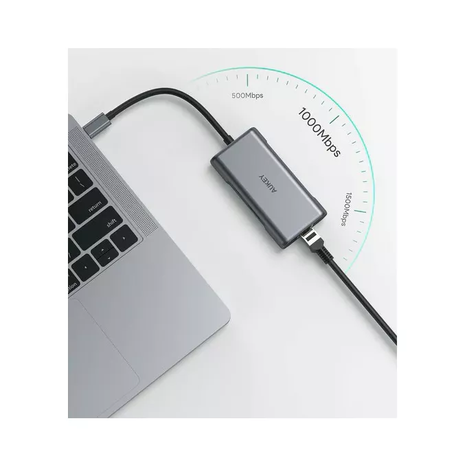 AUKEY CB-C75 aluminiowy Hub USB-C | 6w1 | RJ45 Ethernet 10/100/1000Mbps | 3xUSB 3.1 | HDMI 4k@30Hz | USB-C Power Delivery 100W