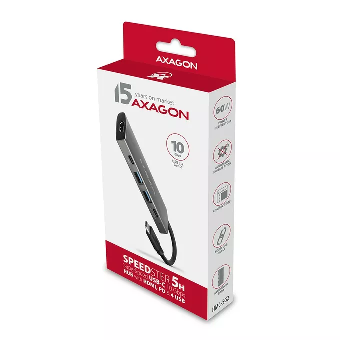 AXAGON Wieloportowy hub szerokopasmowy HMC-5G2 2x USB-A + 2x USB-C + HDMI, USB-C 3.2 Gen 2 10Gbps, PD 60W, 13cm USB-C kabel