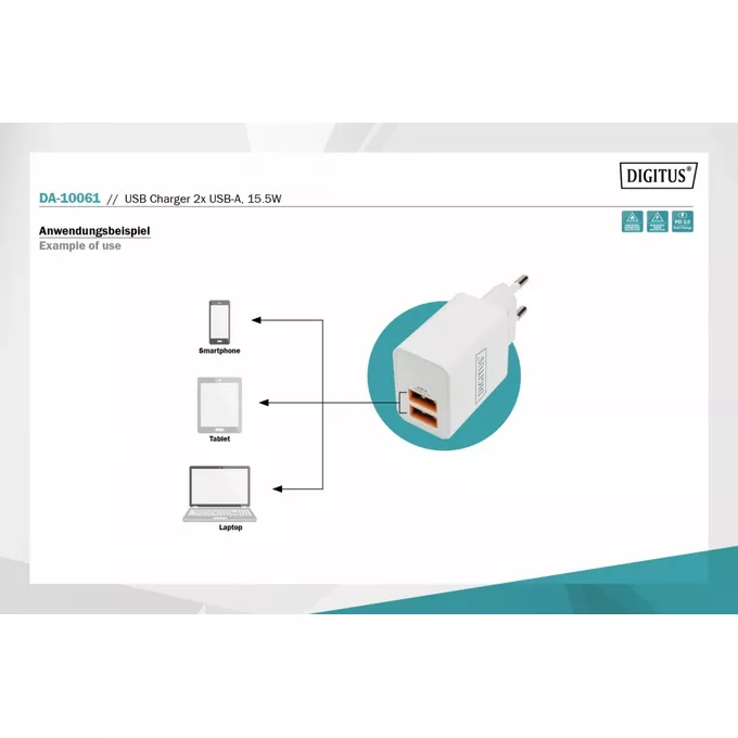 Digitus Ładowarka sieciowa zasilacz 2x USB-A 15,5W Biała