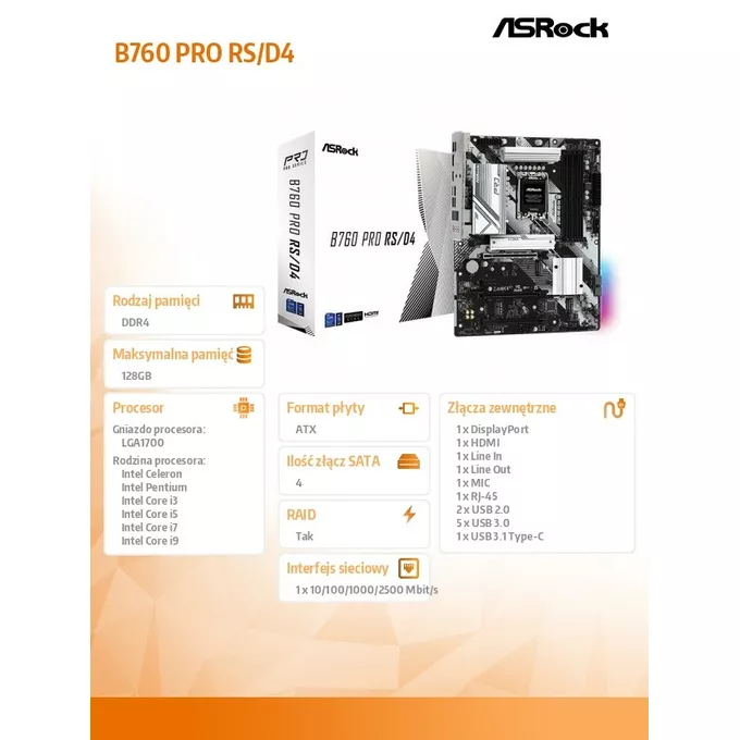 ASRock Płyta główna B760 Pro RS s1700 4DDR4 DP/HDM M.2 ATX