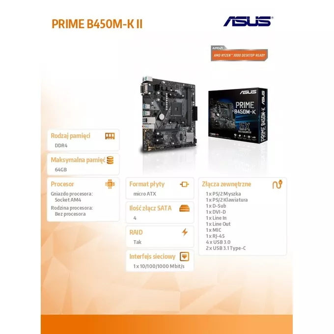 Asus Płyta główna PRIME B450M-K II AM4 2D DR4 DVI/DSUB/USB3.1/M.2 mATX