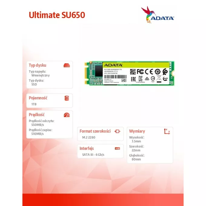 Adata Dysk SSD Ultimate SU650 1TB M.2 2280 TLC 3D SATA