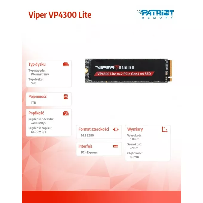 Patriot Dysk SSD 1TB Viper VP4300 Lite 7400/6400 M.2 PCIe Gen4x4 NVMe 2.0 PS5