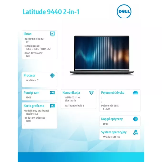 Dell Notebook Latitude 9440 2in1 Win11Pro i7-1365U/32GB/512GB SSD/2in1 14.0 QHD+ Touch/Intel Iris Xe/FgrPr/IR Cam/Mic/WLAN + BT/Backlit Kb/3 Cell/3YPS