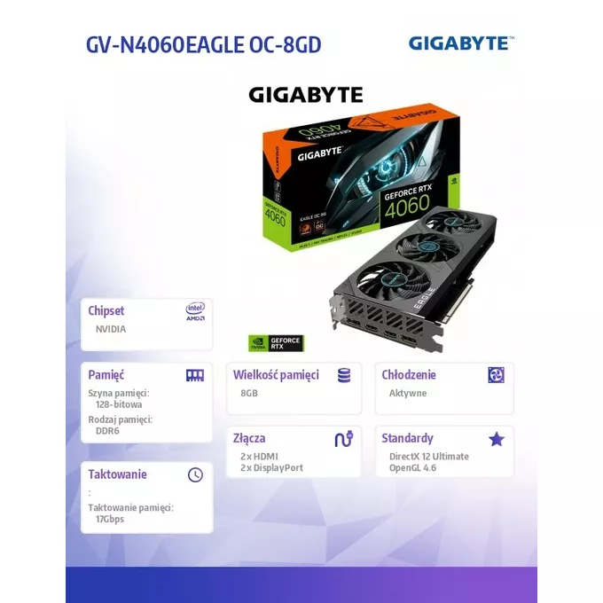 Gigabyte Karta graficzna GeForce RTX 4060 EAGLE OC 8G GDDR6 128bit 2DP/2HDMI DLSS 3