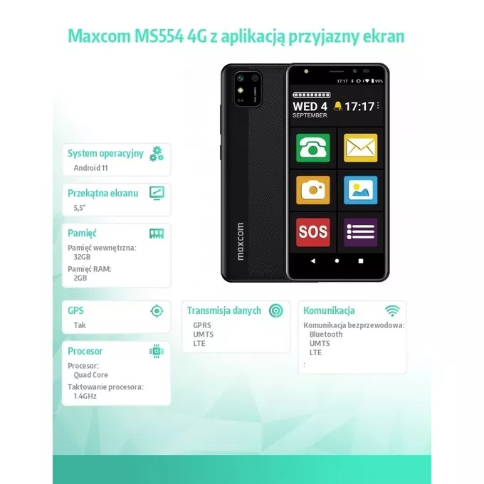 Maxcom Smartfon MS 554 4G z aplikacją przyjazny ekran