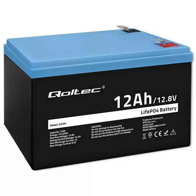 Qoltec Akumulator LiFePO4 Litowo-Żelazowo-Fosforanowy | 12.8V | 12Ah |  153.6Wh | BMS