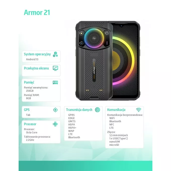 ULEFONE Smartfon Armor 21 4G 8/256GB IP69K głośnik 122dB RGB czarny