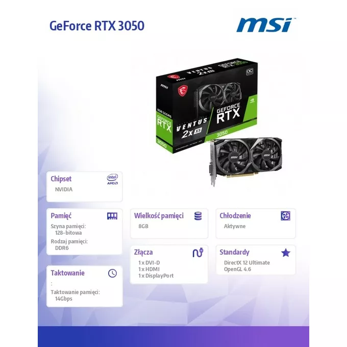 MSI Karta graficzna GeForce RTX 3050 Ventus 2X XS 8G OC GDDR6 128bit HDMI