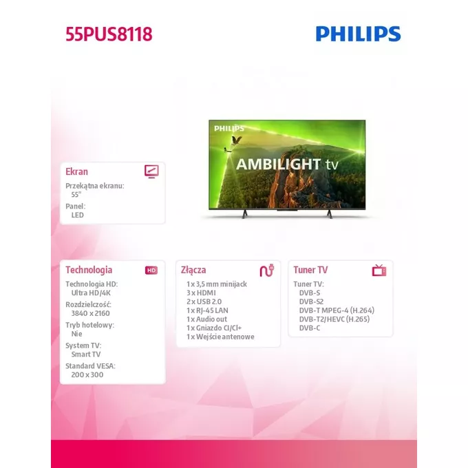 Philips Telewizor 55 cali LED 55PUS8118/12