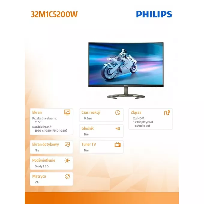 Philips Monitor 32M1C5200W VA Curved 31.5 cala 240Hz HDMIx2 DP HAS