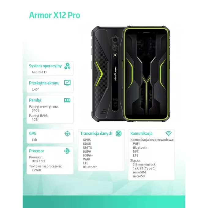 ULEFONE Smartfon Armor X12 Pro 4G 4/64GB IP69K zielony