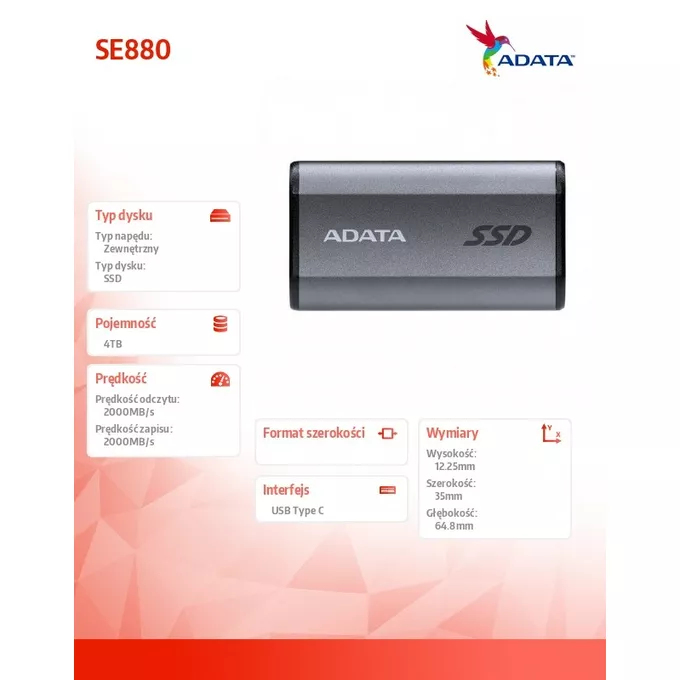 Adata Dysk zewnętrzny SSD SE880 4TB USB3.2A/C Gen2x2