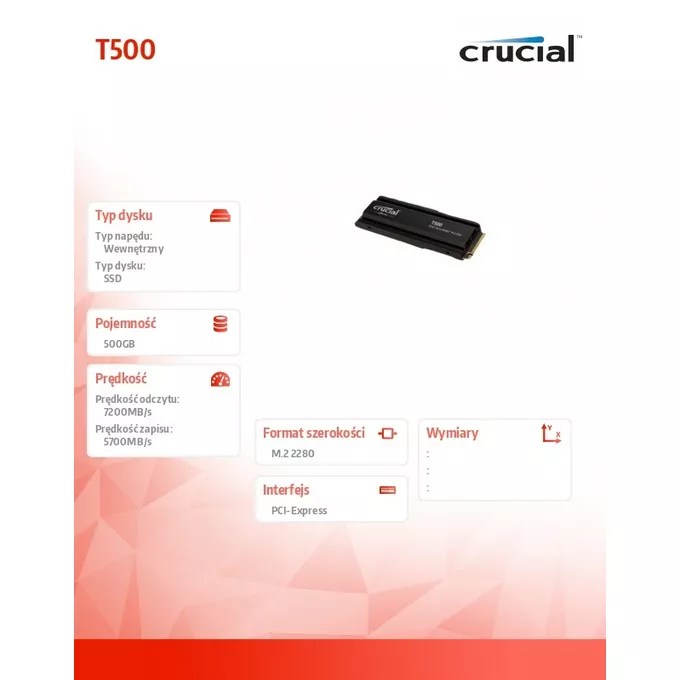 Crucial Dysk T500 500GB M.2 NVMe2280 PCIe 4.0  7200/5700