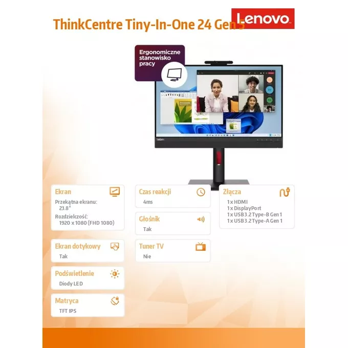 Lenovo Monitor 23.8 ThinkCentre Tiny-in-One Touch Gen5 12NBGAT1EU