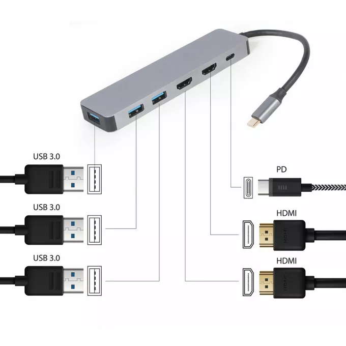 Gembird Adapter USB-C Hub USB-C PD HDMI x2 USB 3.0x3