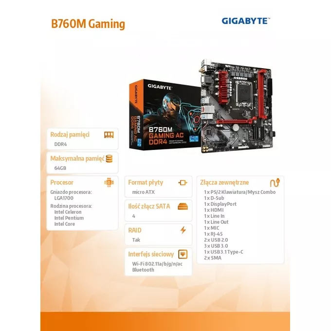 Gigabyte Płyta główna B760M Gaming AC DDR4 s1700 2DDR4 DP/HDMI mATX