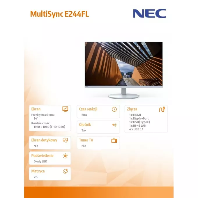 NEC Monitor MultiSync E244FL 24 cale USB-C HDMI biały