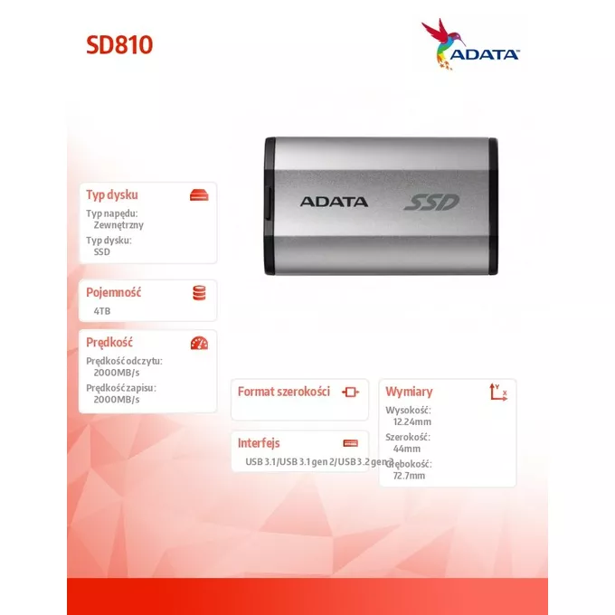 Adata Dysk SSD External SD810 4TB USB3.2C 20Gb/s srebrny