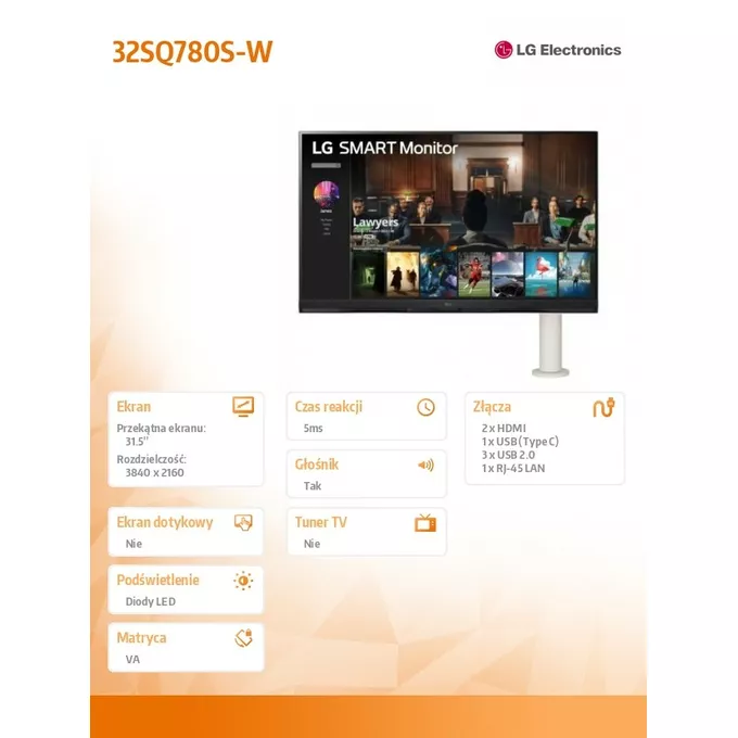 LG Electronics Monitor 32SQ780S-W 32 cale Smart 4K UHD webOS Ergo