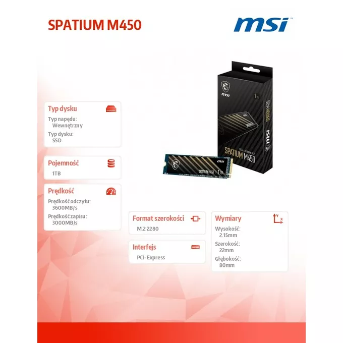 MSI Dysk SSD SPATIUM M450 1TB M.2 PCIe4 3600/3000MB/s