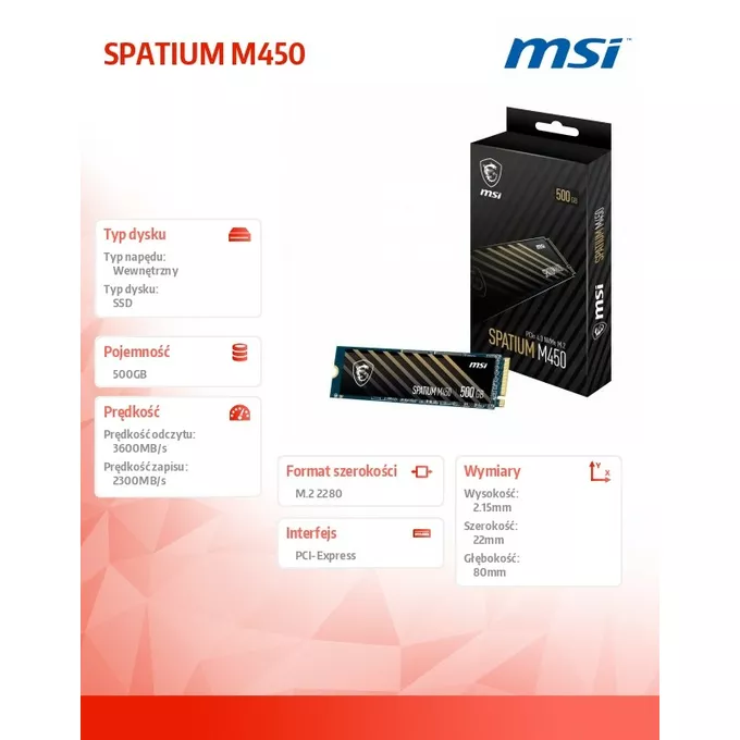 MSI Dysk SSD SPATIUM M450 500GB M.2 PCIe4 3600/2300MB/s