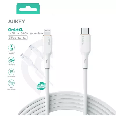 AUKEY CB-SCL2 White silikonowy kabel Lightning-USB C | USB Power Delivery USB-PD | 1.8m | 27W | 3A | MFi Apple