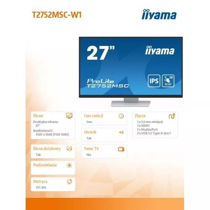 IIYAMA Monitor 27 cali T2752MSC-W1 10 PKT. POJ,IPS,HDMI,DP,2x2USB(3.2),2x1W400cd/m2,7H