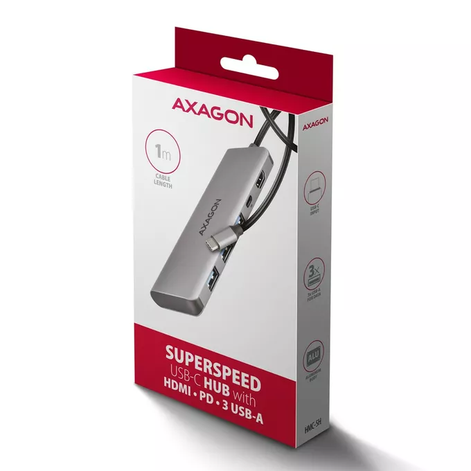 AXAGON HMC-5H Wieloportowy hub USB-C 3.2 Gen 1, 3x USB-A, 4K HDMI, PD 100W, 100cm USB-C kabel