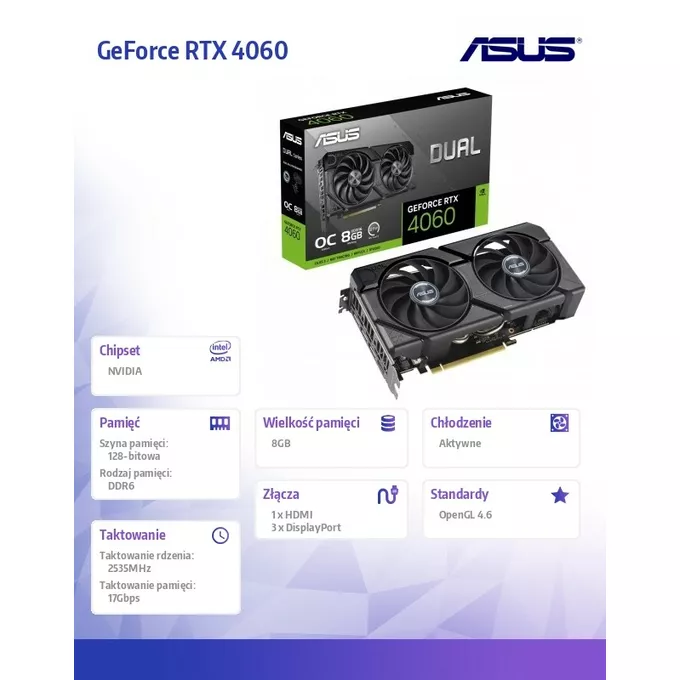 Asus Karta graficzna GeForce RTX 4060 EVO OC 8GB GDDR6 128bit 3DP DLSS 3