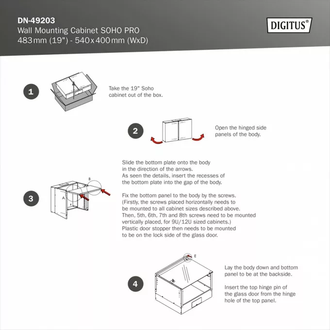 Digitus Szafa sieciowa wisząca 19&quot; 7U, SOHO PRO 370 x 540 x 400 mm, nośność 60kg, drzwi szyba, niezłożona, Czarna