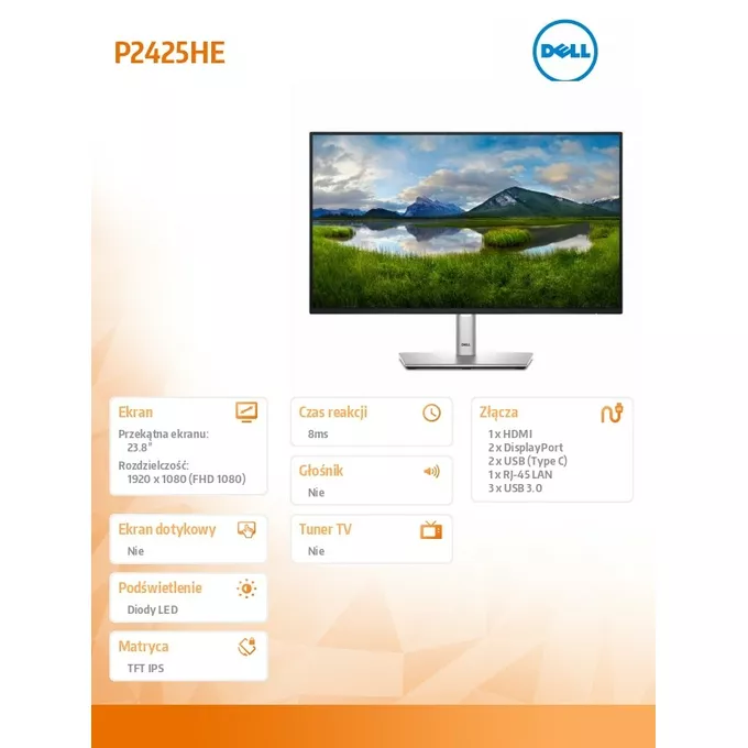 Dell Monitor 24 cale P2425HE LED IPS 1920x1080/16:9/USBC/RJ45/HDMI/DP/USB/3Y