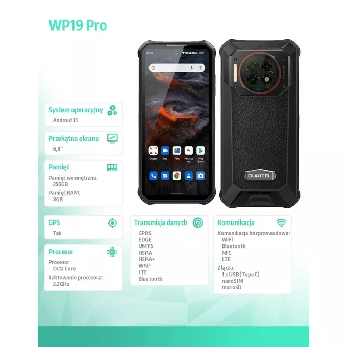 OUKITEL Smartfon WP19 Pro 8/256GB 22000 mAh NFC czarny