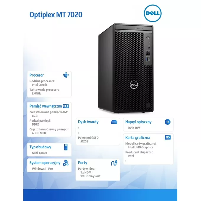 Dell Komputer Optiplex MT/Core i5-14500/8GB/512GB SSD/Integrated/DVD RW/No Wifi/Kb/Mouse/W11Pro