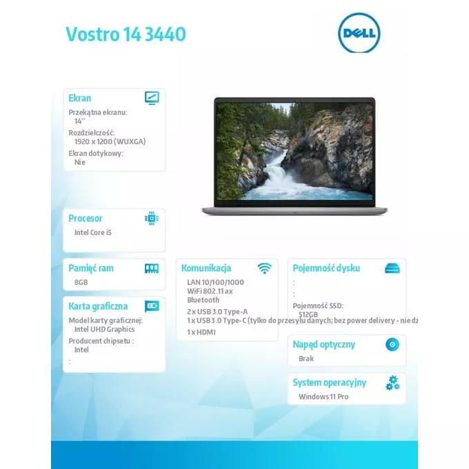 Dell Notebook Vostro 14 (3440) Win11Pro i5-1334U/8GB/512GB SSD/14.0 FHD+/Intel UHD/FgrPr/Cam &amp; Mic/WLAN + BT/Backlit Kb/3 Cell/3YPS