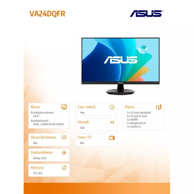 Asus Monitor 24 cale VA24DQFR IPS 100Hz DSUB HDMI DP Głośnik