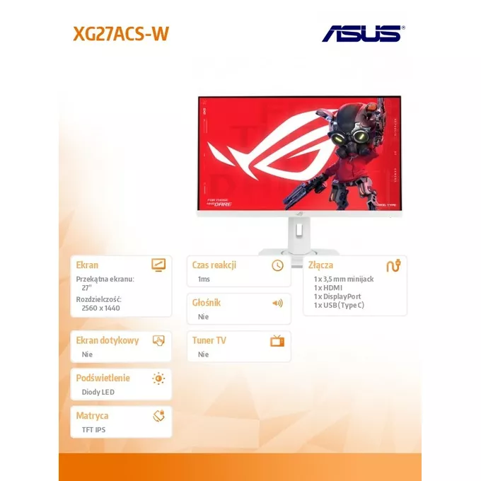 Asus Monitor ROG Strix 27 cali XG27ACS-W IPS-F HDMI DP USB-C