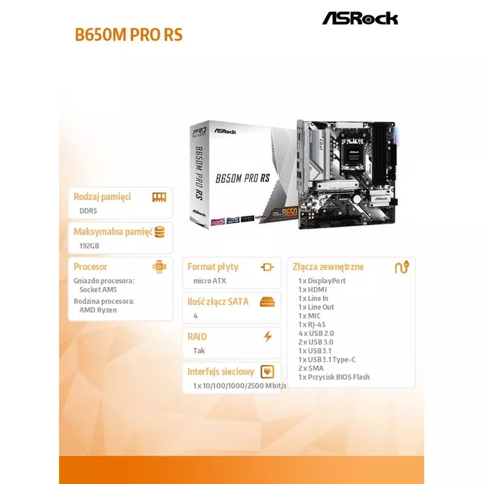 ASRock Płyta główna B650M PRO RS AM5 4DDR5 HDMI/DP mATX