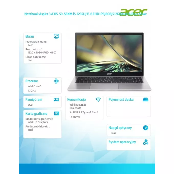 Acer Notebook Aspire 3 A315-59-58XM i5-1235U/15.6 FHD IPS/8GB/512GB/NoOS/Pure Silver