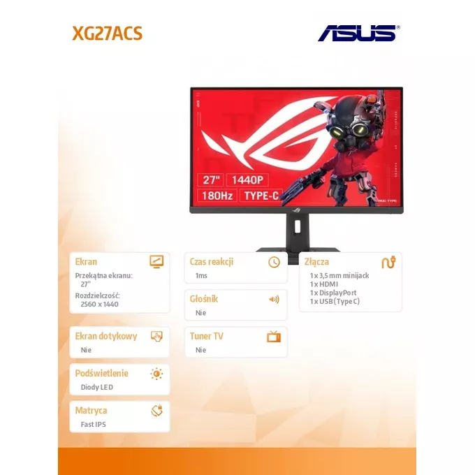 Asus Monitor 27 cali XG27ACS ROG IPS-F 180Hz 1MS/350cd/m2/HDMI DP PIVOT USB-C H:0-120MM