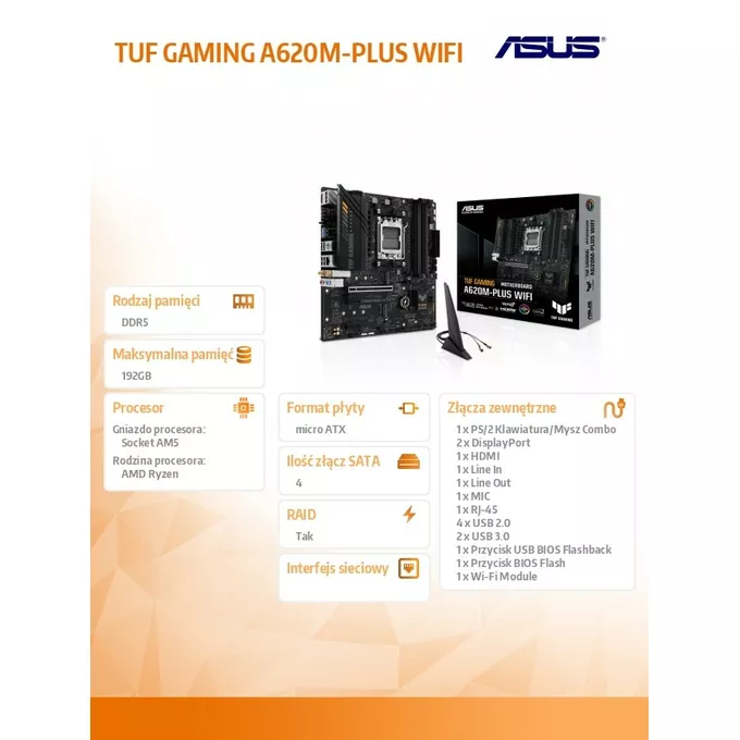 Asus Płyta główna TUF GAMING A620M-PLUS WIFI AM5 4DDR5 HDMI/DP mATX