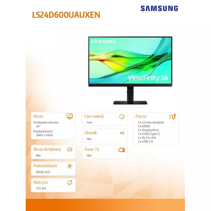 Samsung Monitor 24 cale ViewFinity S60UD IPS 2560x1440 WQHD 16:9 1xHDMI 2xDP(In+Out) 1xUSB-C 90W 3xUSB 3.0 LAN KVM 5ms PinP/PbyP 100Hz HAS+PIV płaski 3YOn-Sit