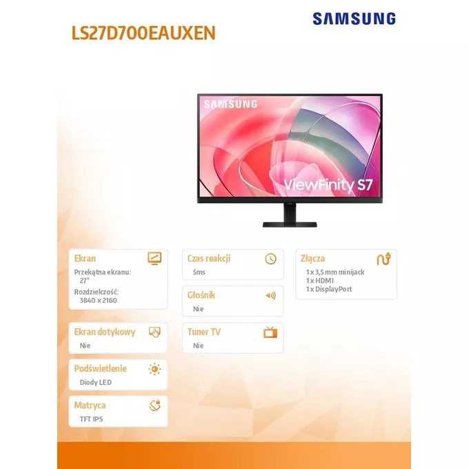 Samsung Monitor 27 cali ViewFinity S70D IPS 3840x2160 UHD 16:9 1xHDMI 1xDP 5ms PinP/PbyP 60Hz płaski 2Yd2d