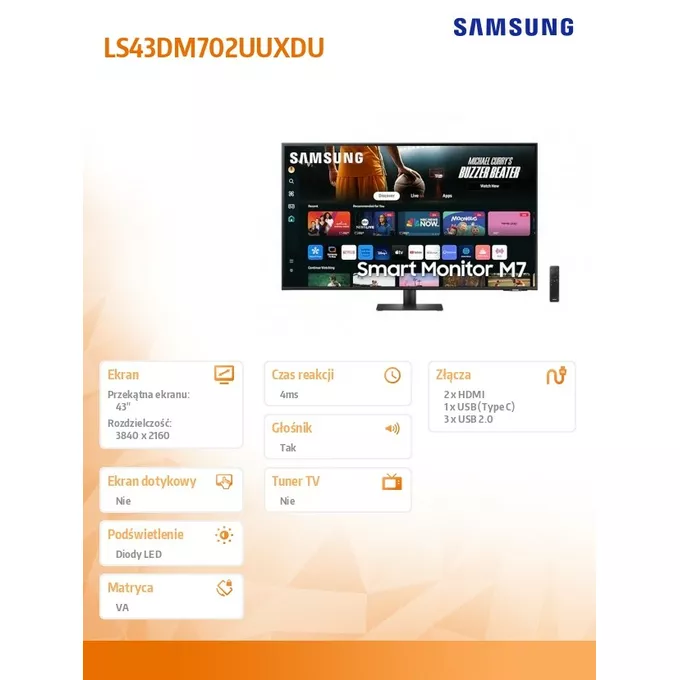 Samsung Monitor 43 cale SMART M70D VA 3840x2160 UHD 16:9 2xHDMI 3xUSB 2.0 1xUSB-C (65W) 4ms 60Hz WiFi/BT głośniki płaski 2Yd2d