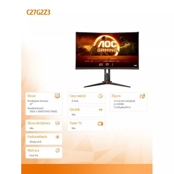 AOC Monitor C27G2Z3 27 cali Zakrzywiony Fast VA 280Hz HDMIx2 DP HAS