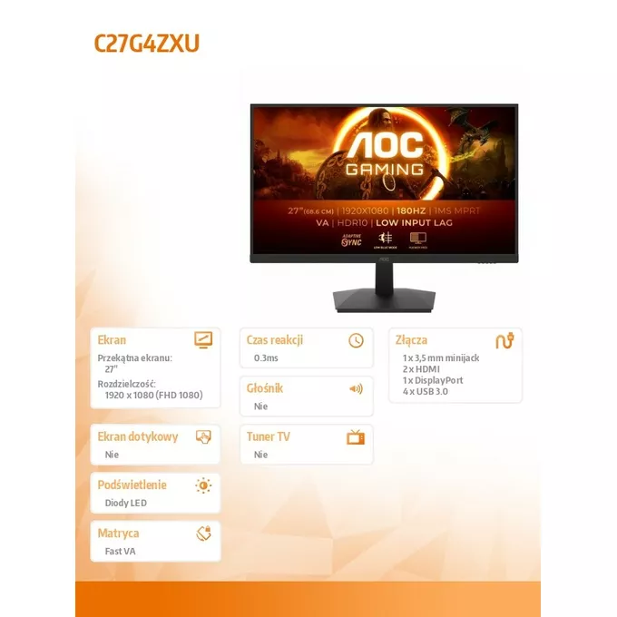 AOC Monitor C27G4ZXU 27 cali Zakrzywiony Fast VA 280Hz HDMIx2 DP