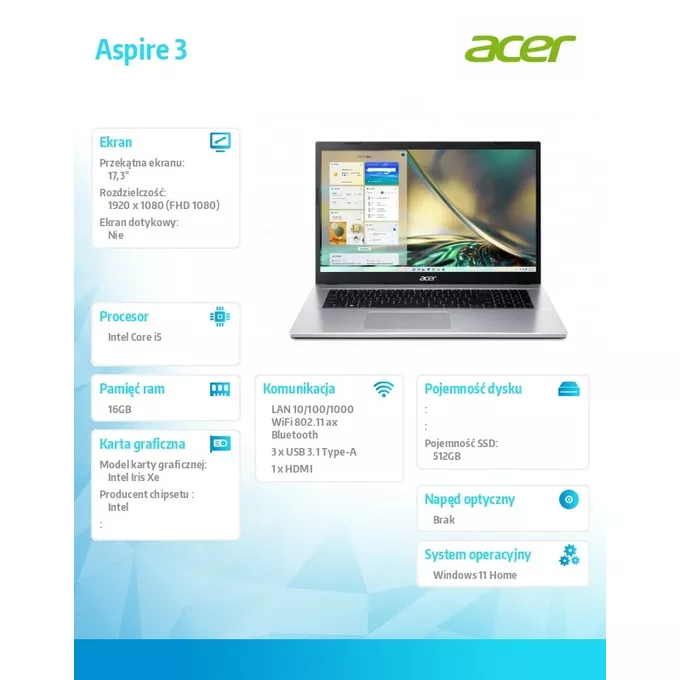 Acer Notebook Aspire 3 A317-54-53BK   WIN11H/i5-1235U/16GB/512SSD/UMA/17.3