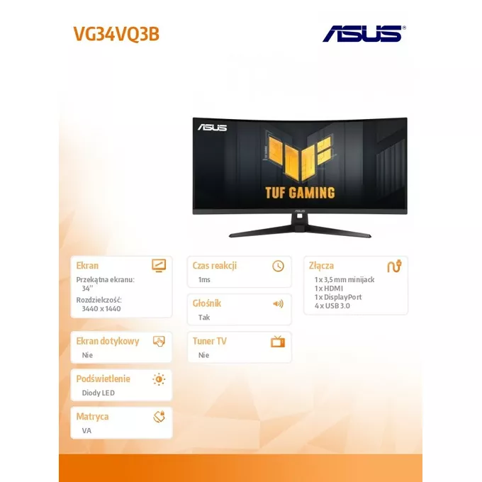 Asus Monitor 34 cale VG34VQ3B WQHD 180Hz DP HDMI TUF 1500R