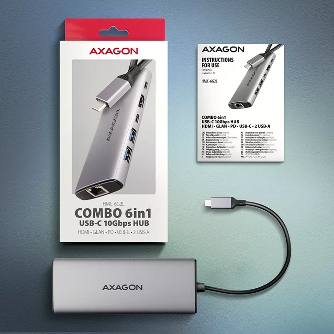 AXAGON HMC-6G2L Wieloportovy hub 2xUSB-A HDMI4K 1x USB-C PD100W USB-C LAN